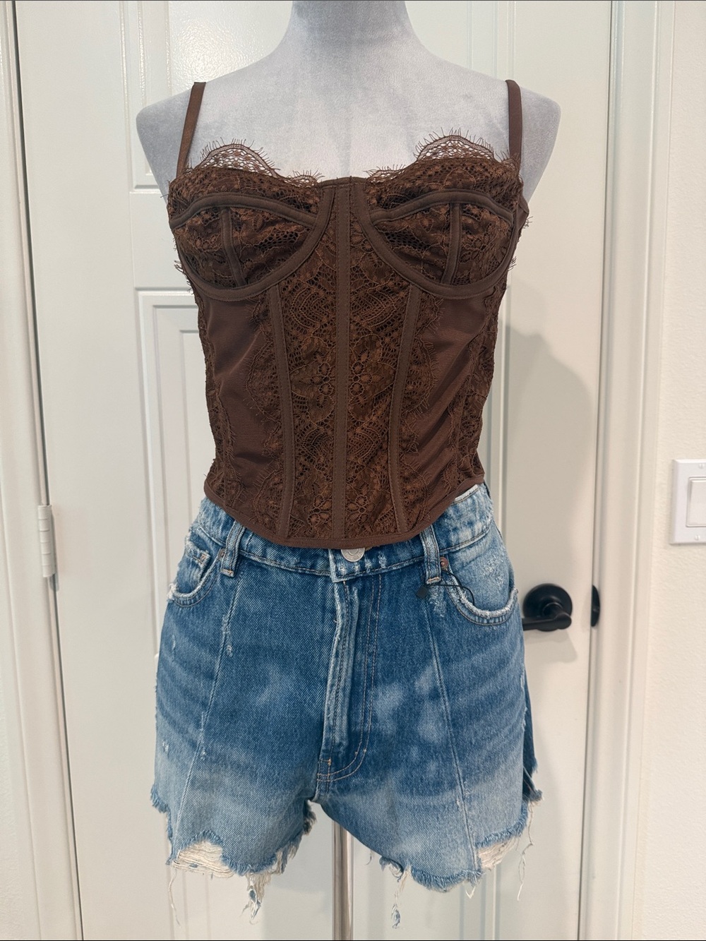 Brown Lace Bustier Crop Top with Adjustable Straps